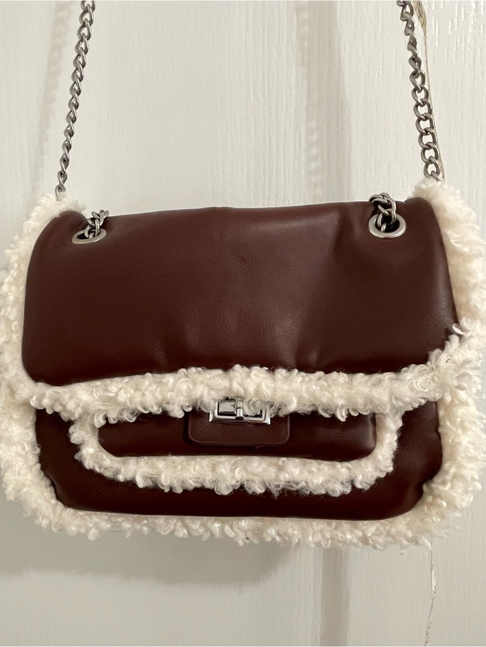 Plush-Trim Brown Shoulder Bag with Silver Chain